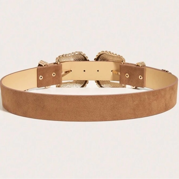 Double Brown Western Belt with Gold Buckles - Picture 3 of 5